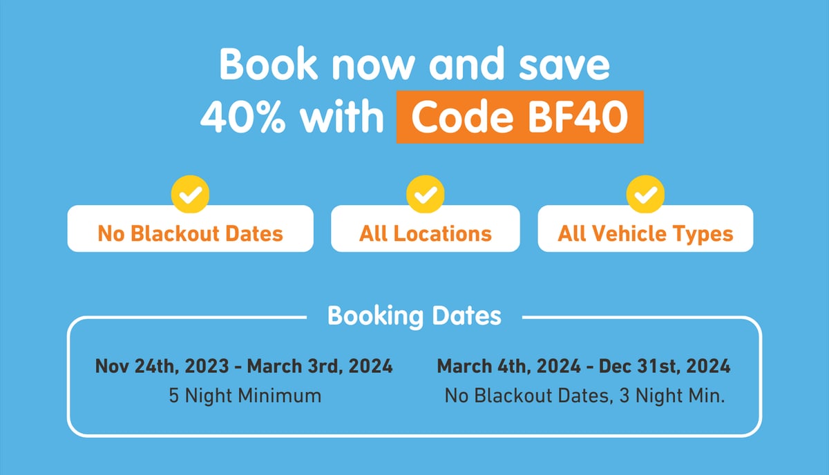 Book now and save 40% with Code BF40. No Blackout dates, All locations, All vehicle types.